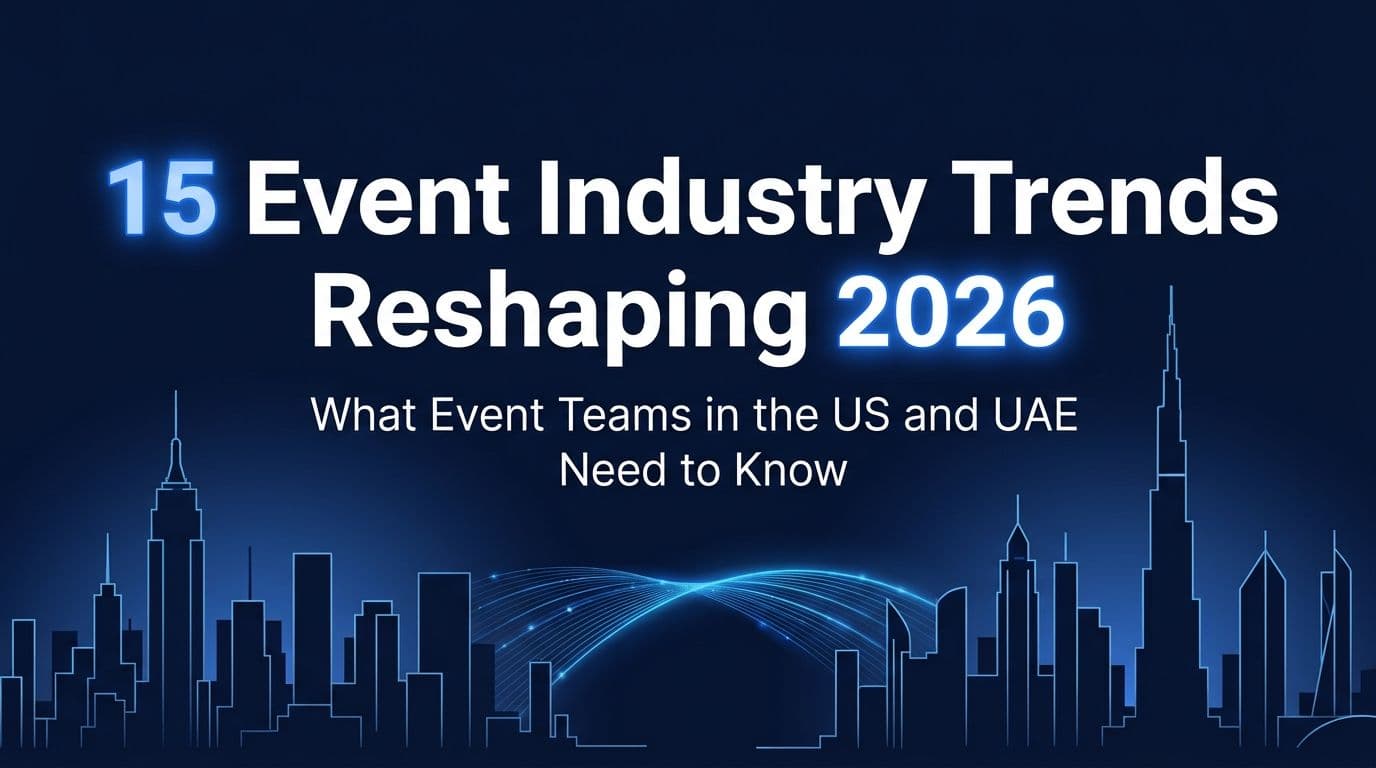 A world map style split illustration showing event industry icons for North America and the UAE side by side