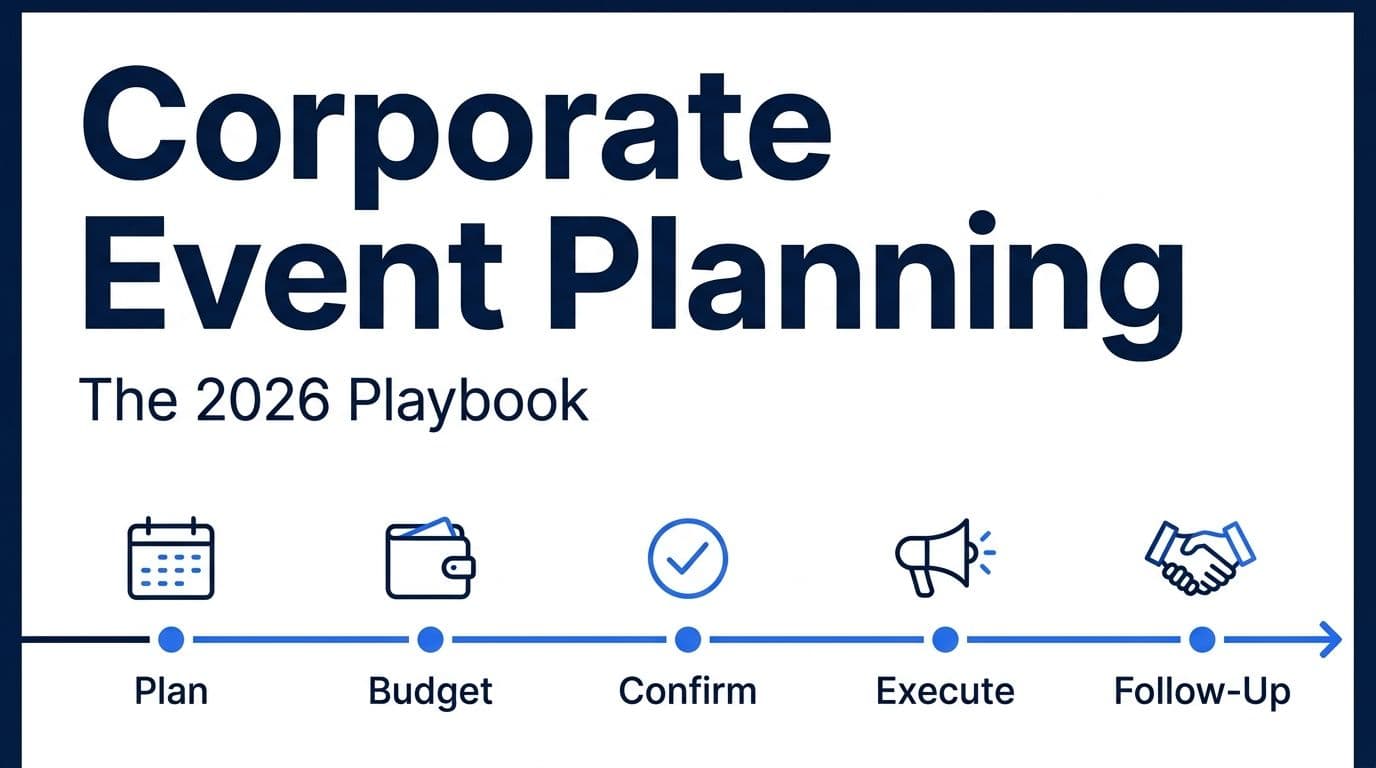 A corporate conference room set up for a business event, with a timeline overlay representing the event planning process